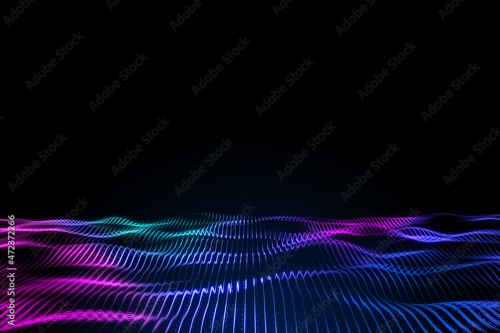 Creative digital wave on dark background with mock up place. Technology and science concept. 3D Rend