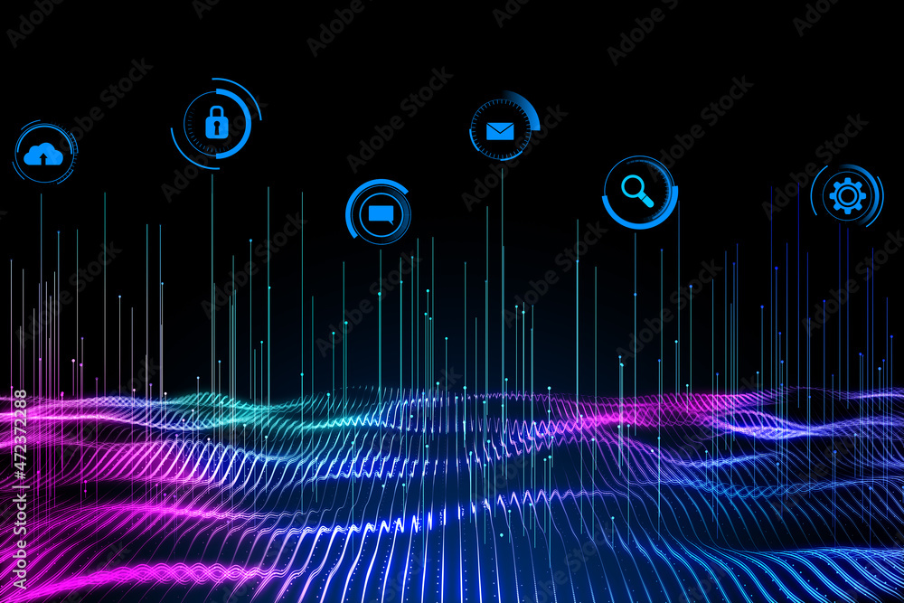 具有深色背景界面的创意数字波。技术、未来和安全概念。3D R