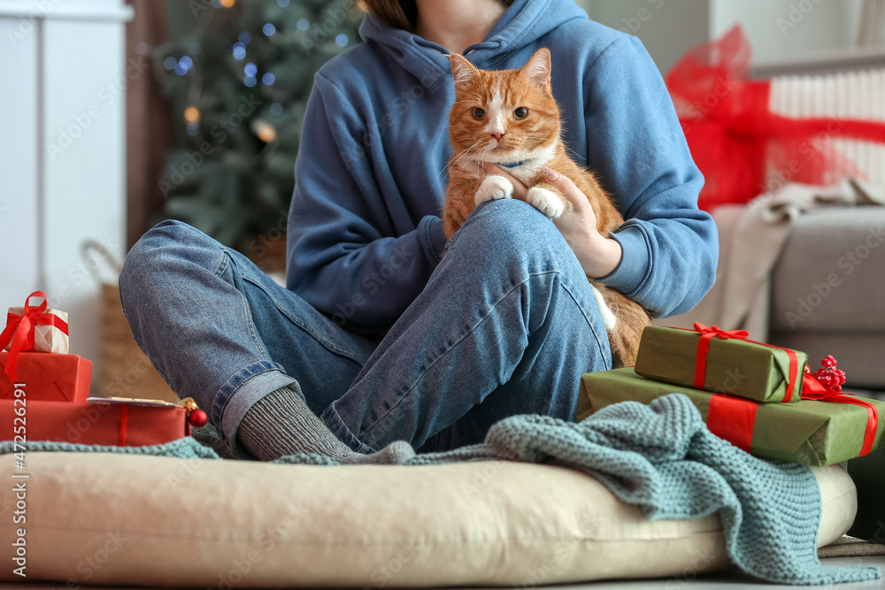 Woman with cute red cat at home on Christmas eve