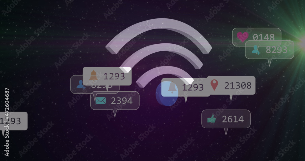 背景中wifi图标上的社交媒体图标和数字图像