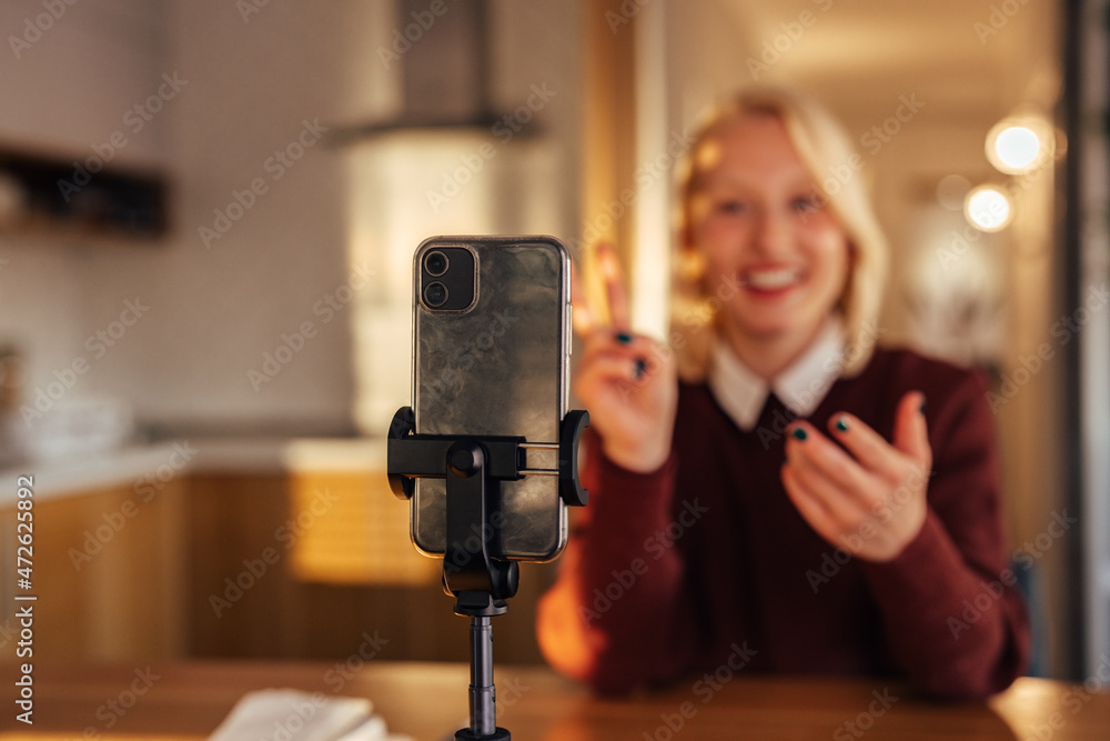 Closeup picture of a smartphone on a stand, being used for taking a picture.