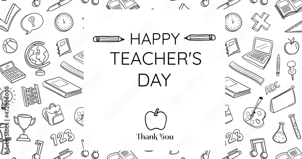 Vector image of happy teachers day text with school supplies icons against white background