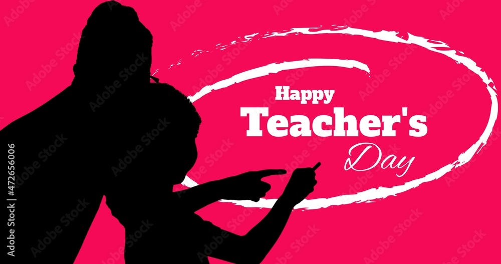 Silhouette teacher and student with happy teachers day text against pink background