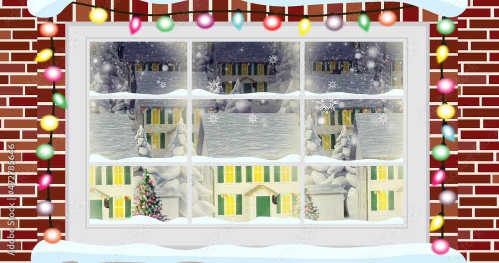 Vector image of decorated window during christmas at night, copy space