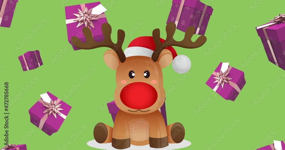 Vector image of santa hat on reindeer with pink gift boxes against green background