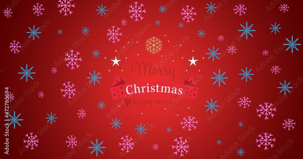 Vector image of christmas and new year greeting with snowflakes on red background, copy space