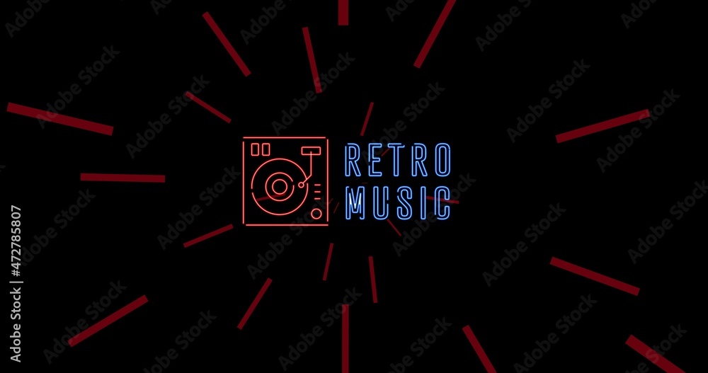 Digitally generated image of retro music text and turntable with copy space over black background