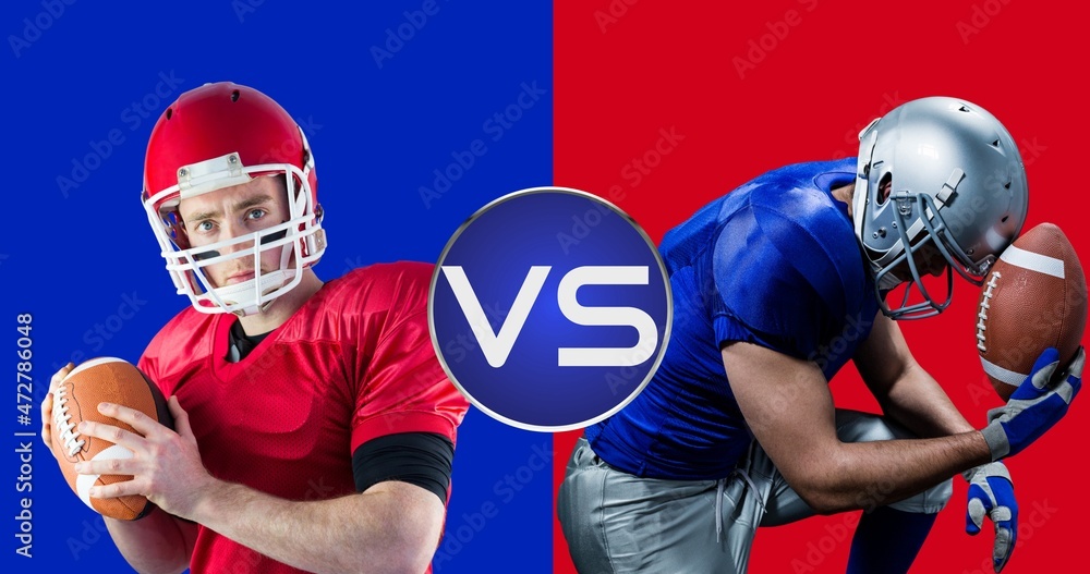 Digital composite image of rival american football players with balls on colored background