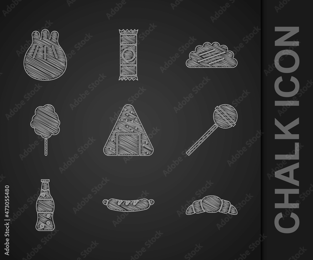 Set Onigiri, Hotdog sandwich, Croissant, Lollipop, Bottle of water, Cotton candy, Taco with tortilla