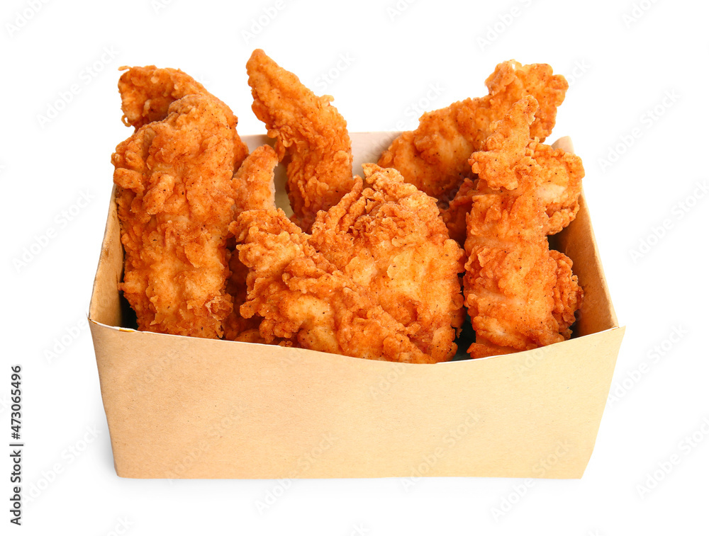 Tasty deep fried chicken wings in paper box on white background