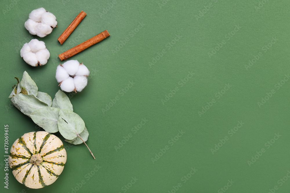 绿色背景下的棉花花、肉桂和南瓜