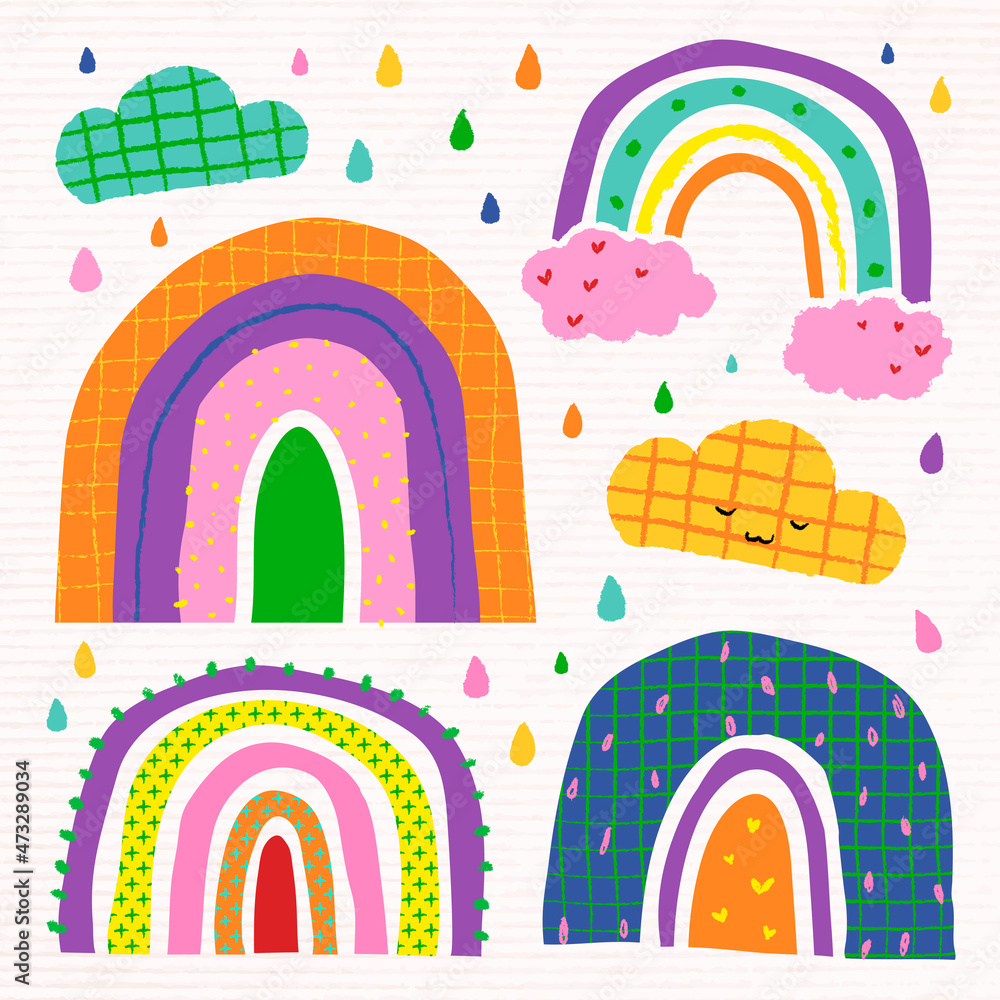 Funky rainbow in doodle style vector set