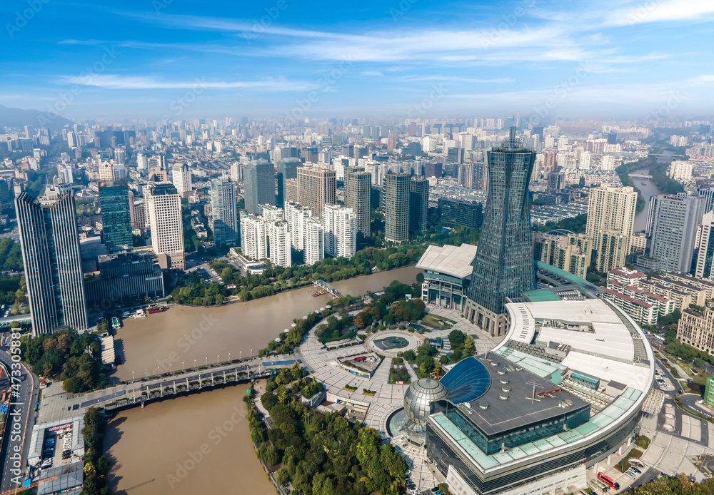 杭州城市建筑景观天际线航拍