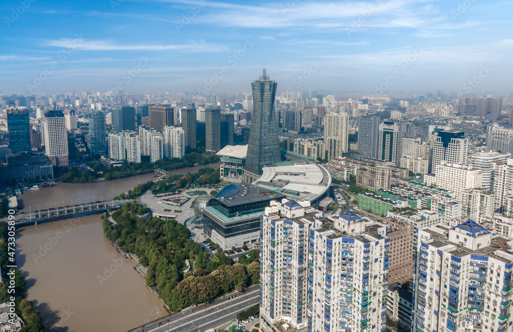 Aerial photography of Hangzhou city architecture landscape skyline