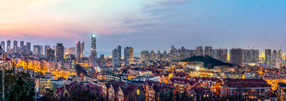 Aerial photography of Qingdao city night view