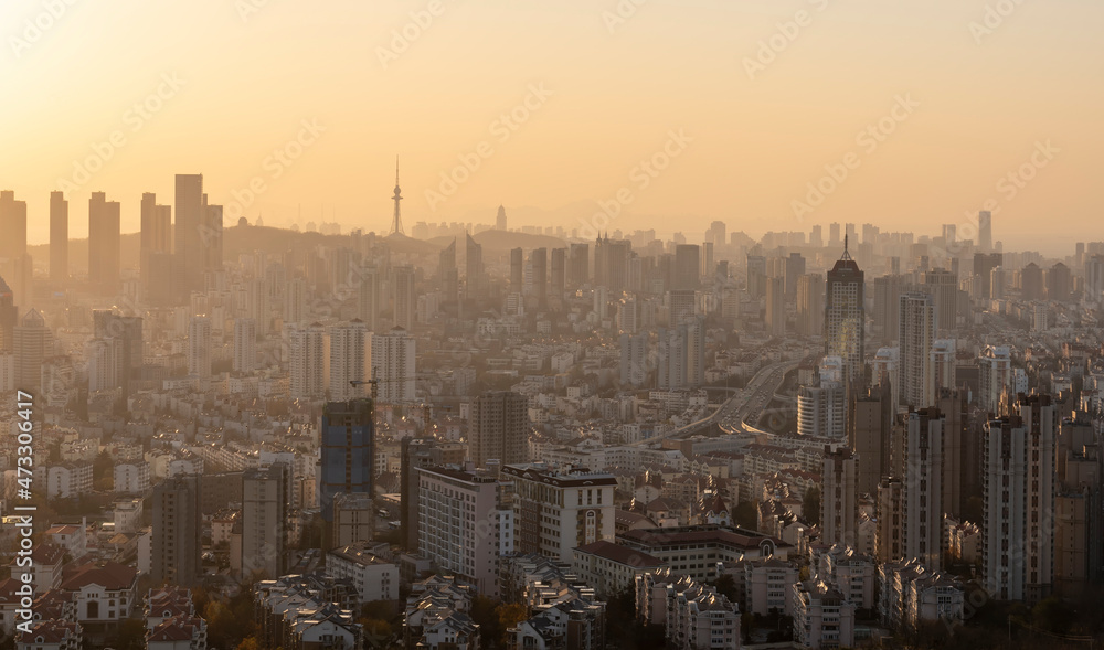 航拍青岛城市建筑景观天际线