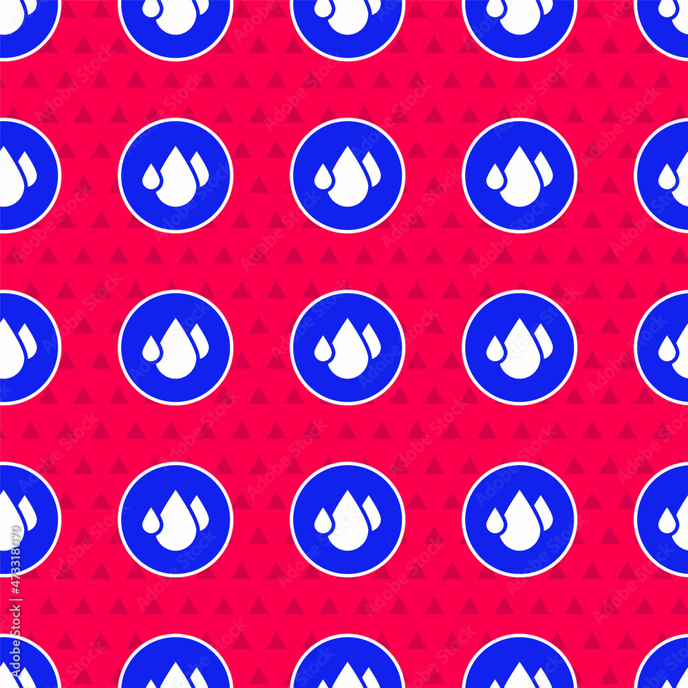 Blue Water drop icon isolated seamless pattern on red background. Vector