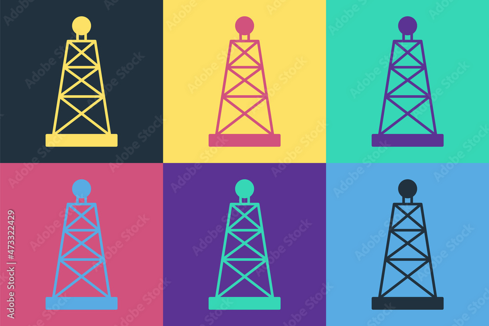 在彩色背景上隔离的波普艺术石油钻机图标。天然气塔。工业对象。矢量