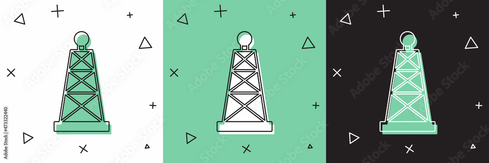 将石油钻机图标隔离在白色和绿色、黑色背景上。天然气塔。工业对象。矢量