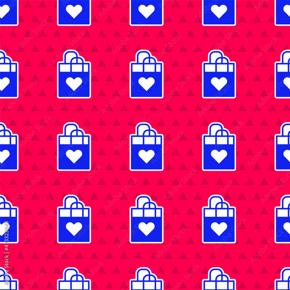 Blue Shopping bag with heart icon isolated seamless pattern on red background. Shopping bag shop lov