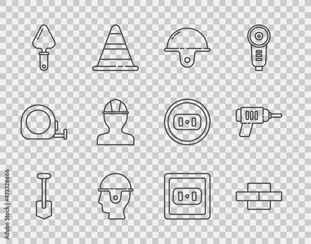 设线铲、砖块、工人安全帽、镘刀、电源插座和钻机图标。Vec