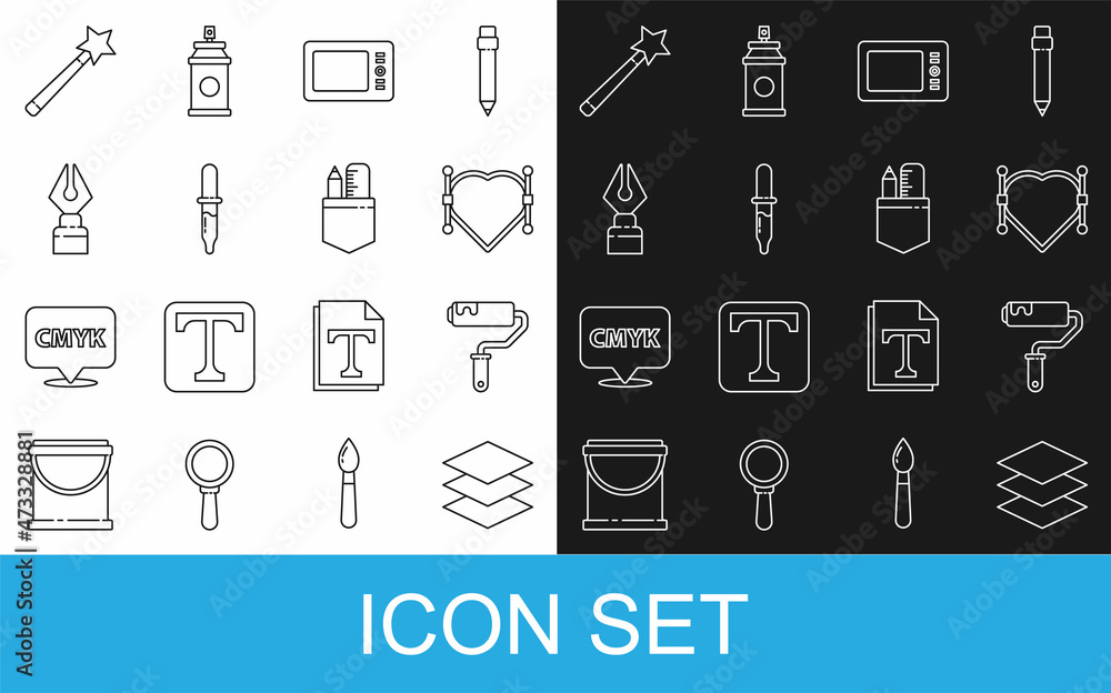 Set line Layers, Paint roller brush, Heart with Bezier curve, Graphic tablet, Pipette, Fountain pen 