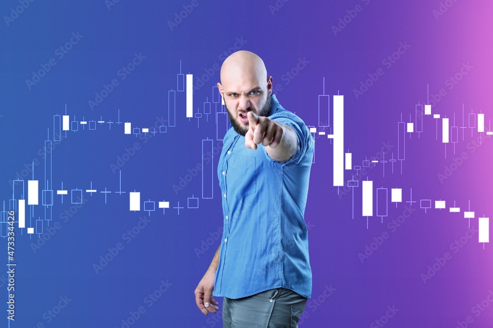 Young caucasian man, guy over dark blue background with the trading graph in graphic concept.