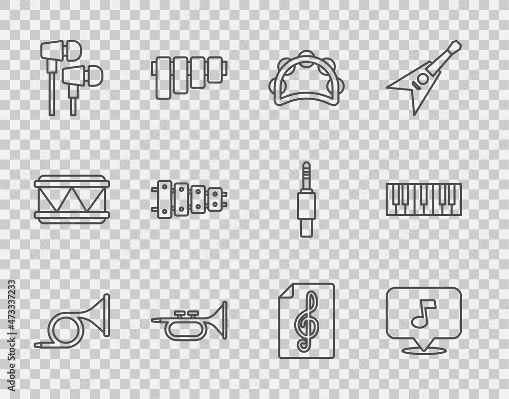 Set line Trumpet, Music note, tone, Tambourine, Air headphones, Xylophone, Treble clef and synthesiz