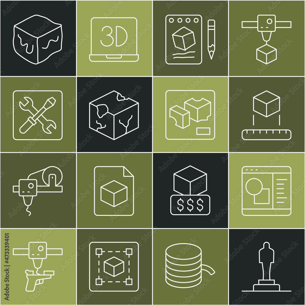 Set line 3D printer model, software, Isometric cube, Sketch on paper, setting, and icon. Vector