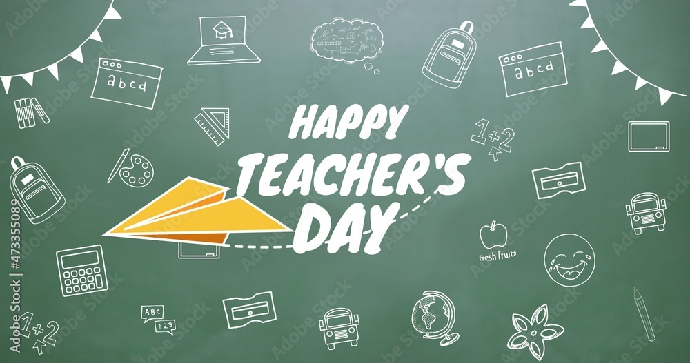 Vector image of happy teachers day text with school supplies icons on greenboard