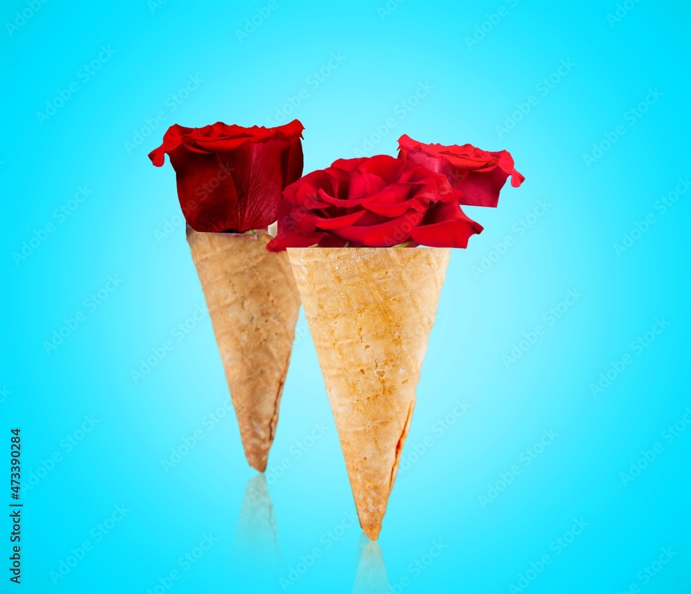 Contemporary art collage, Icecream filled with beautiful red roses on a light background.