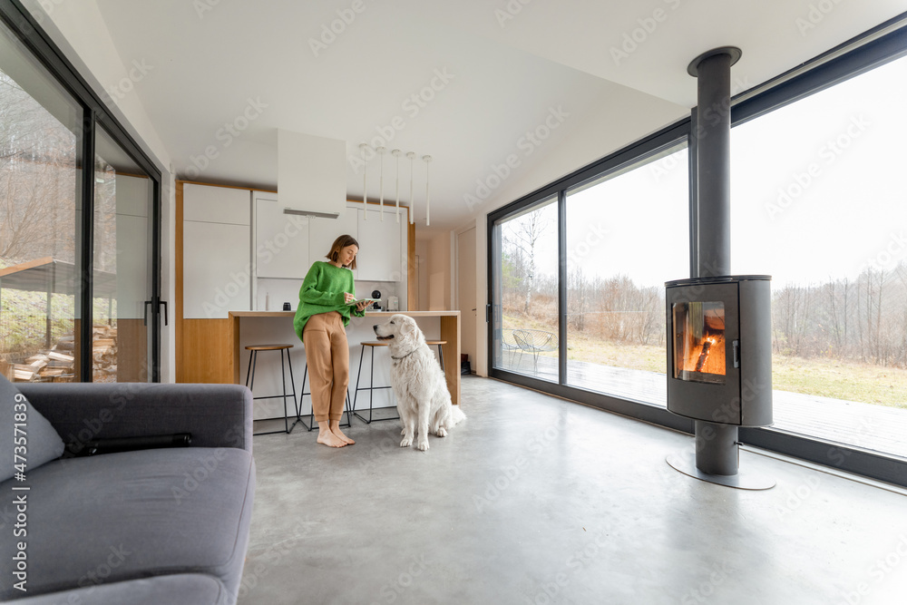 Young woman with her dog at modern house with panoramic windows and fireplace. Concept of comfort an