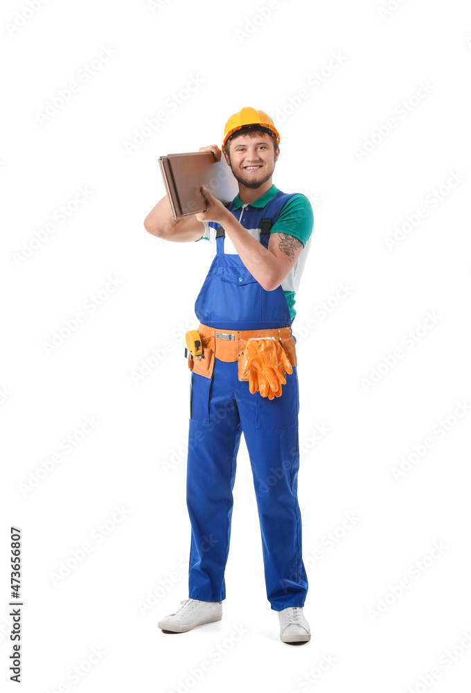 Male builder with wooden plank on white background