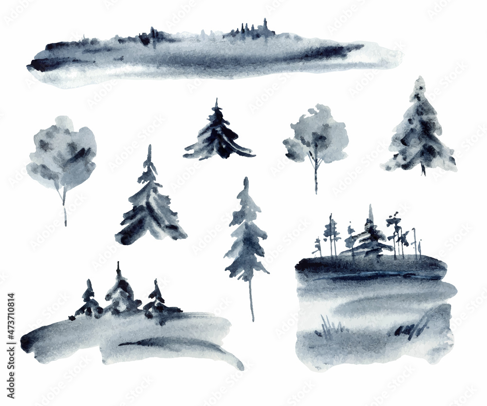 Watercolor vector set of forest winter landscapes and trees.