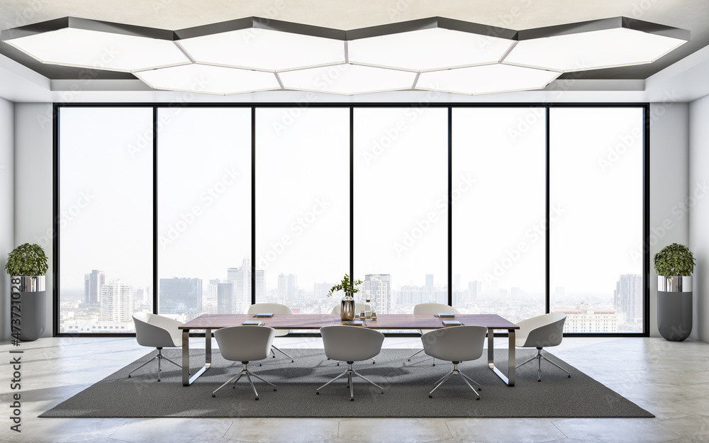 Luxury concrete and wooden designer meeting room office room interior with furniture, equipment, com