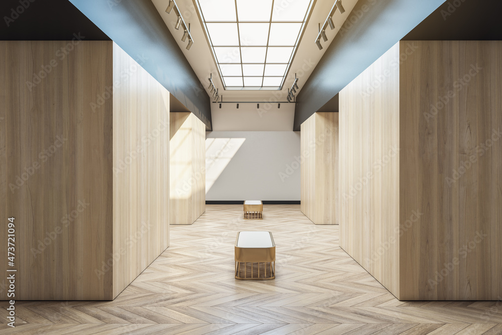 Bright wooden exhibition hall interior with sunlight from ceiling window, mock up place and seats. G