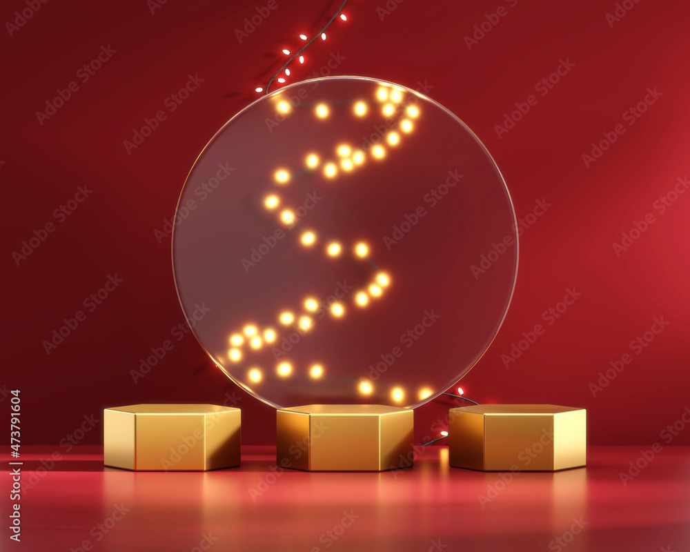 Podium with fairy light string on red background 3d rendering