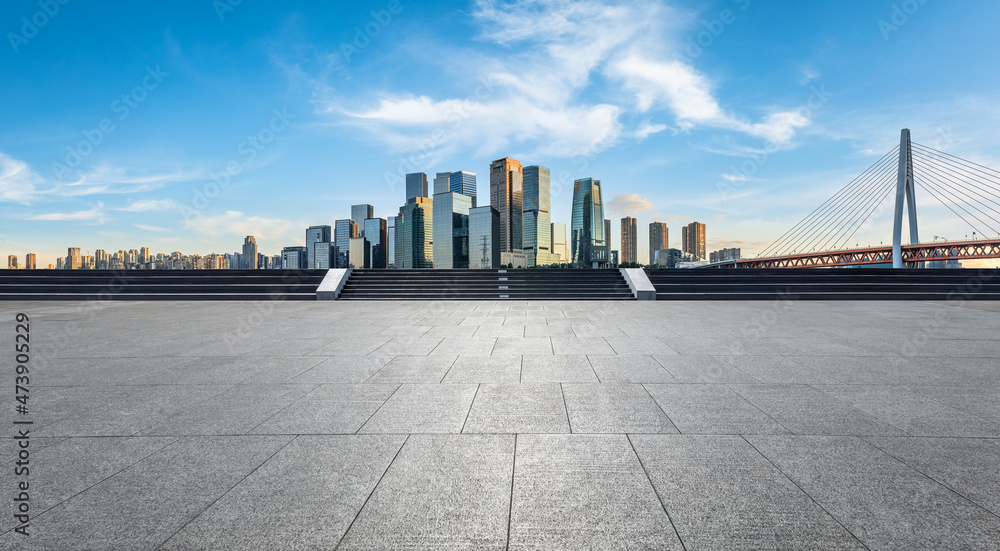 Panoramic skyline and modern commercial office buildings with empty road. empty square floors and ci