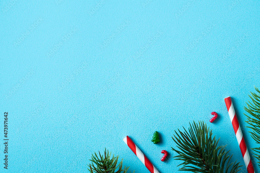 Christmas decorations background with blank space on blue table background.