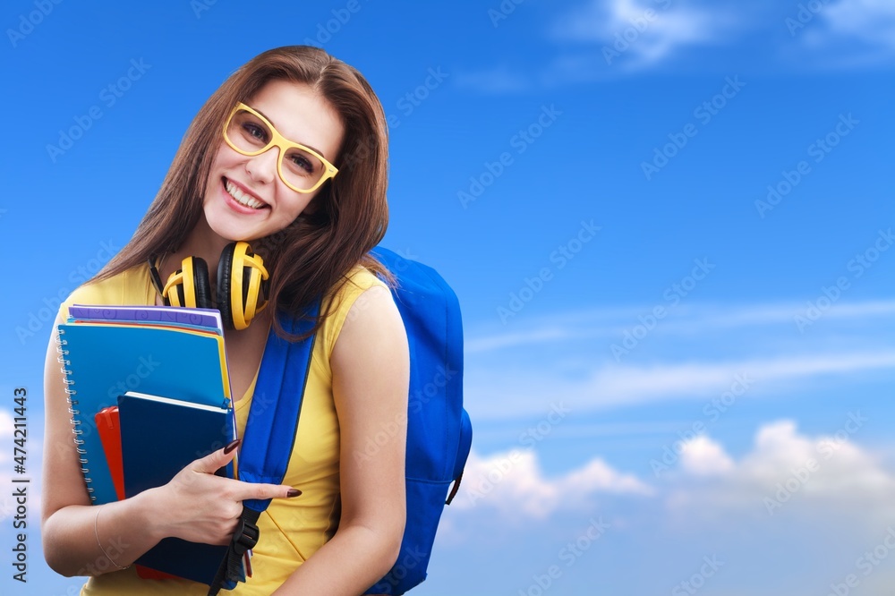 happiness cheerful female teenager with backpack ready to school concept