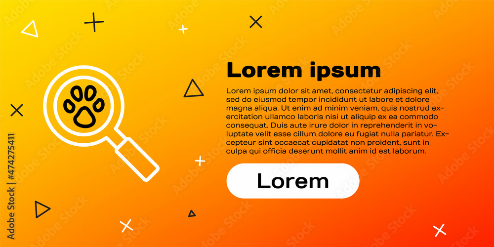 Line Paw搜索图标隔离在黄色背景上。带有动物足迹的放大镜。Colorfu