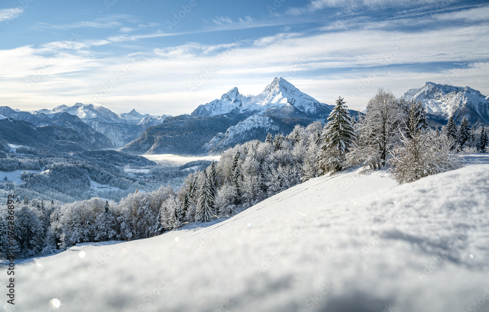 Idylic冬季景观，Watzmann，Berchtesgaden，巴伐利亚，德国