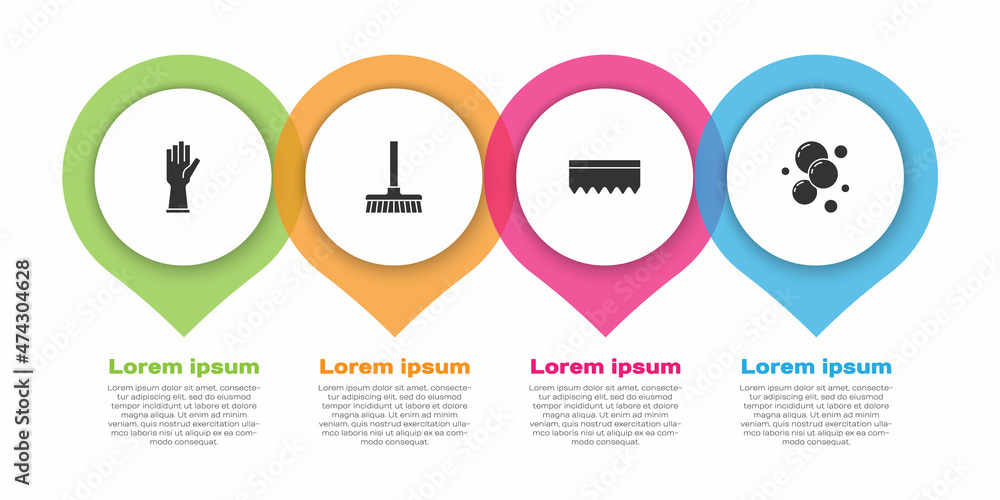 设置橡胶手套、扫帚柄、海绵和肥皂水泡泡。商业信息图表模板。Vecto