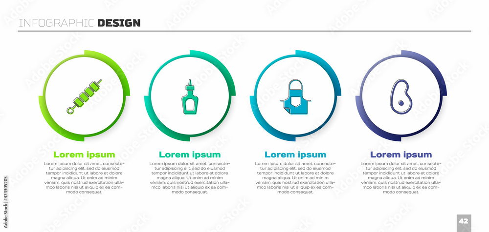 套装烤羊肉串、酱汁瓶、厨房围裙和牛排。商业信息图模板。