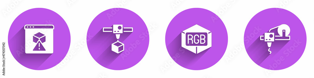 设置3D打印机、立方体、RGB和CMYK颜色混合以及带有长阴影的图标。矢量