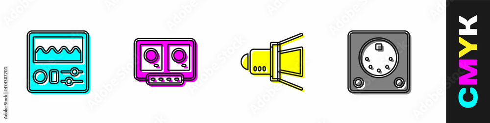 设置鼓机，DJ遥控器和混音，电影聚光灯和图标。矢量