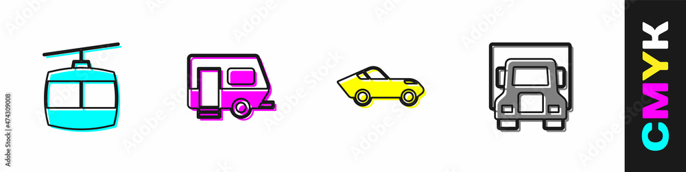 Set Cable car, Rv Camping trailer, Car and Delivery cargo truck icon. Vector