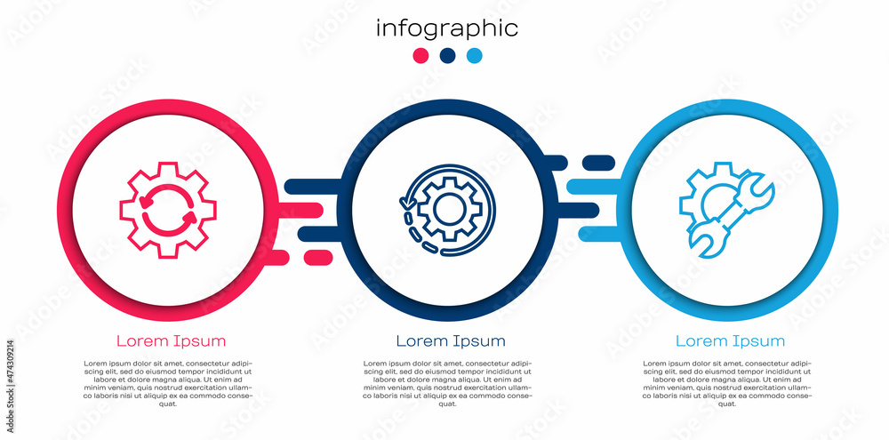 设置线齿轮和箭头作为工作流程，扳手齿轮。商业信息图模板。矢量