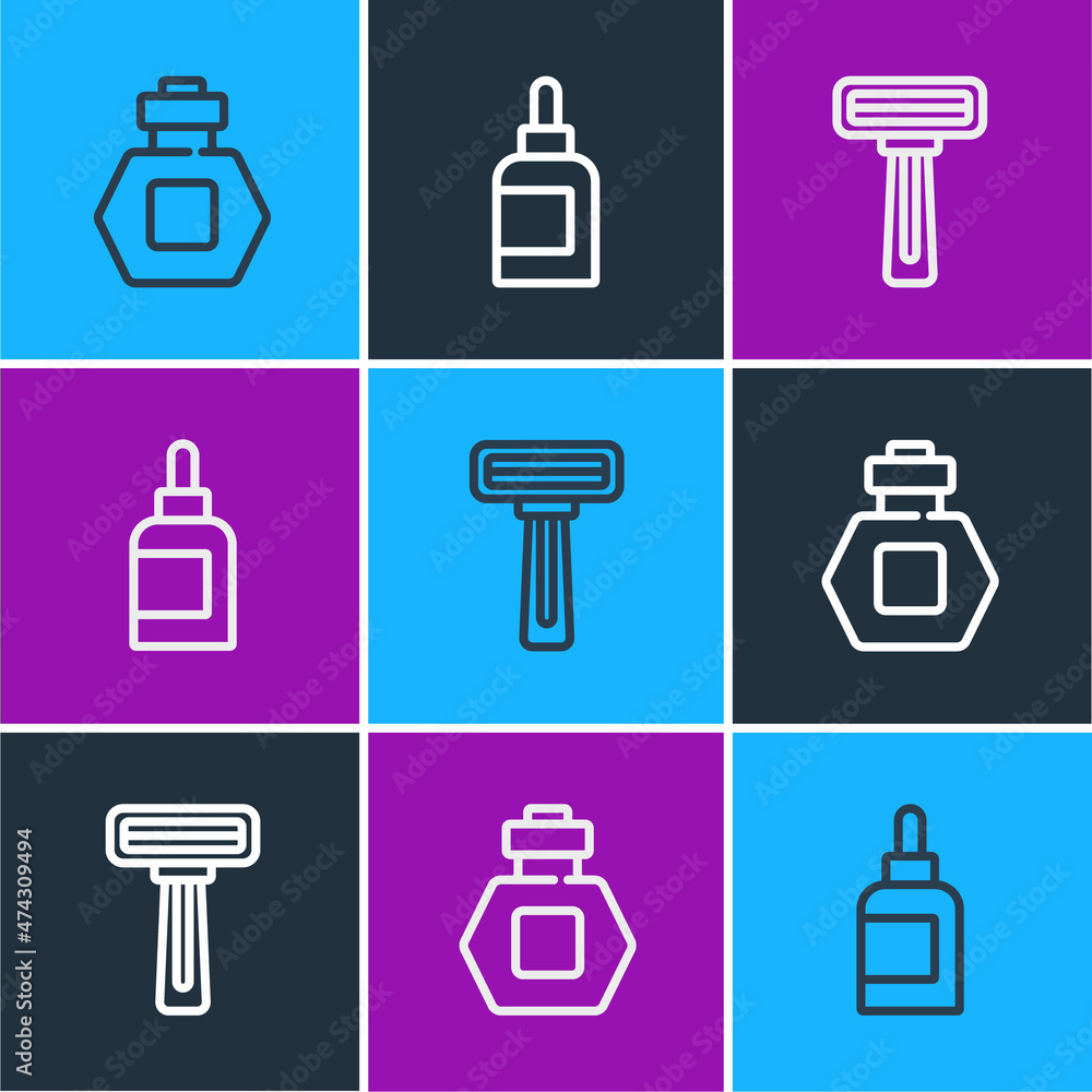 Set line Perfume, Shaving razor and Cream lotion cosmetic tube icon. Vector