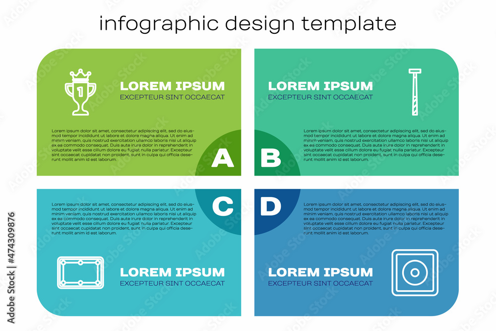 设置线台球桌、奖杯、粉笔和球杆。商业信息图模板。矢量